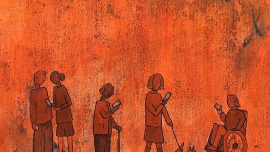 Five people and a dog are seen outlined in orange, against an orange background. Two of the people talk to each other, one stands along with a stick, one walks a dog, and the other is in a wheelchair. All of them look at their mobile phones intently, and all cast shadows on the ground. The shadows are made up of network diagrams, being representative, rather than literal shadows.