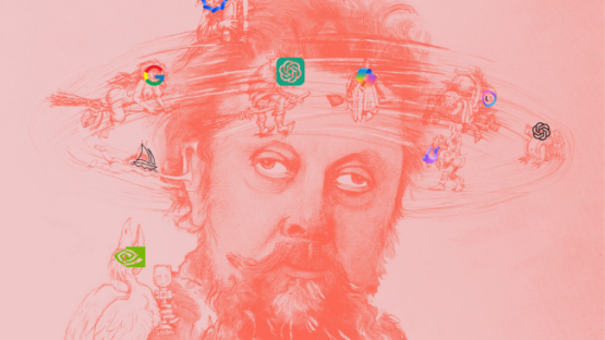 A red-toned illustration shows a man's head surrounded by swirling AI icons, with small, mischievous witch-like figures flying around him. The man's expression appears disoriented and fatigued, symbolizing the mental overload caused by the overwhelming flood of AI tools and news. The witches represent the chaotic, cackling nature of rapid AI developments, adding to the sense of dizziness and confusion.